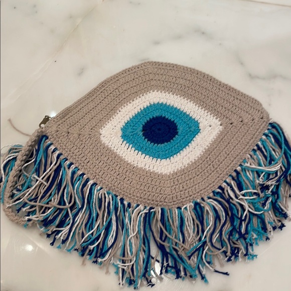 Handmade Crochet evil eye Fringe Bag in Blue and White - Picture 5 of 9